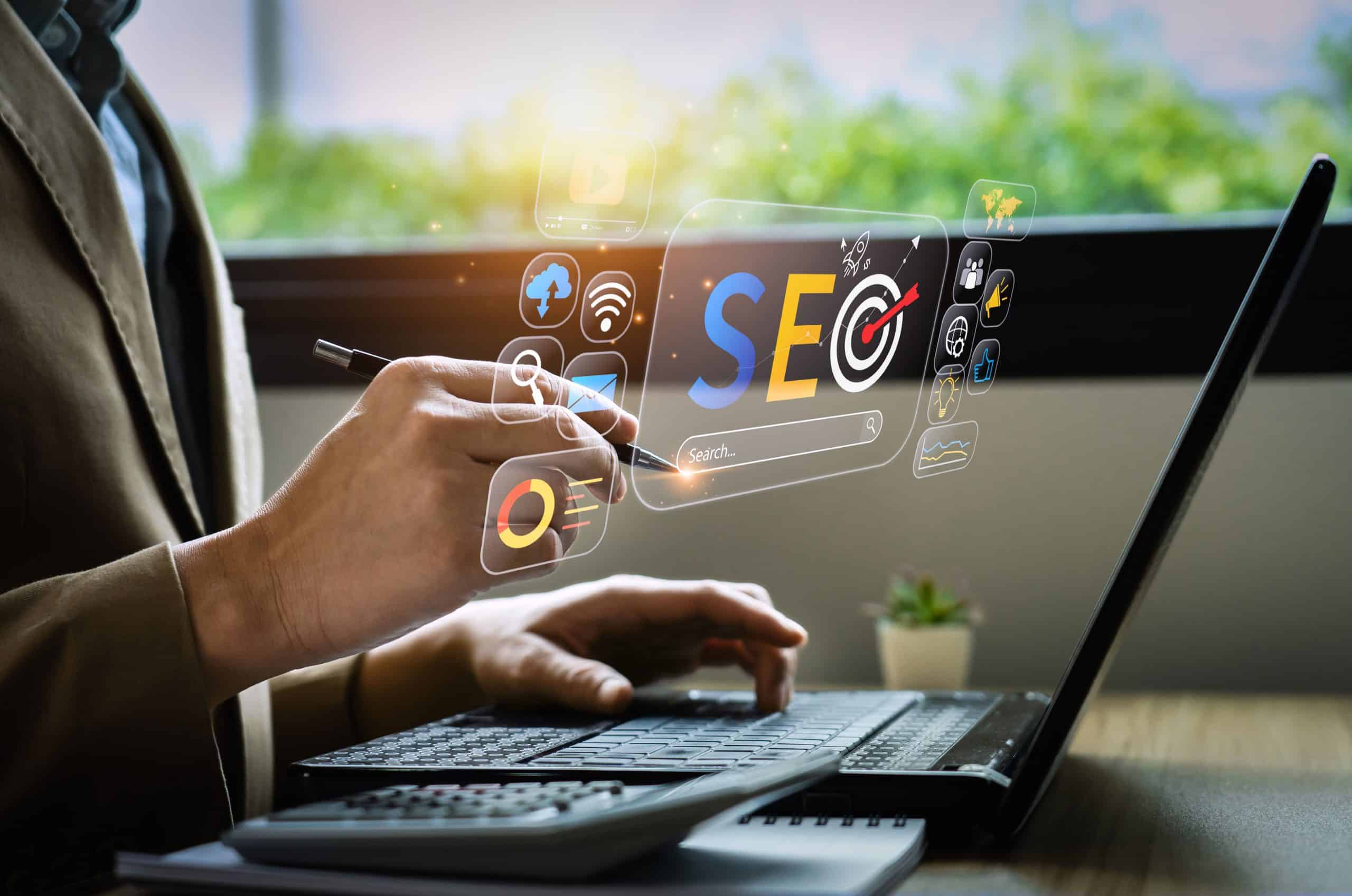 A computer screen with symbols illustrating parts of Search Engine Optimisation