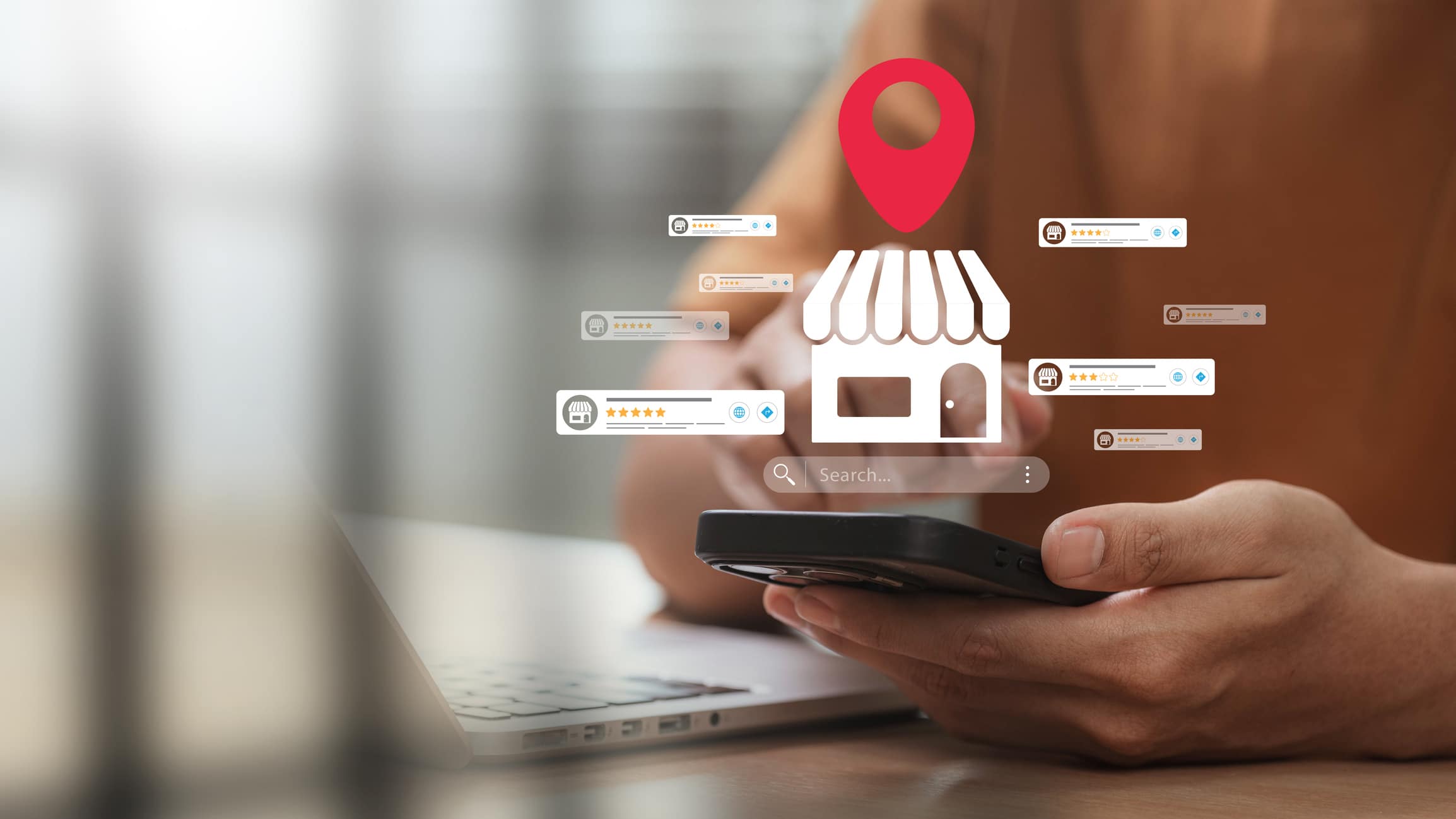 Hands holding a mobile phone with an overlay of customer ratings.