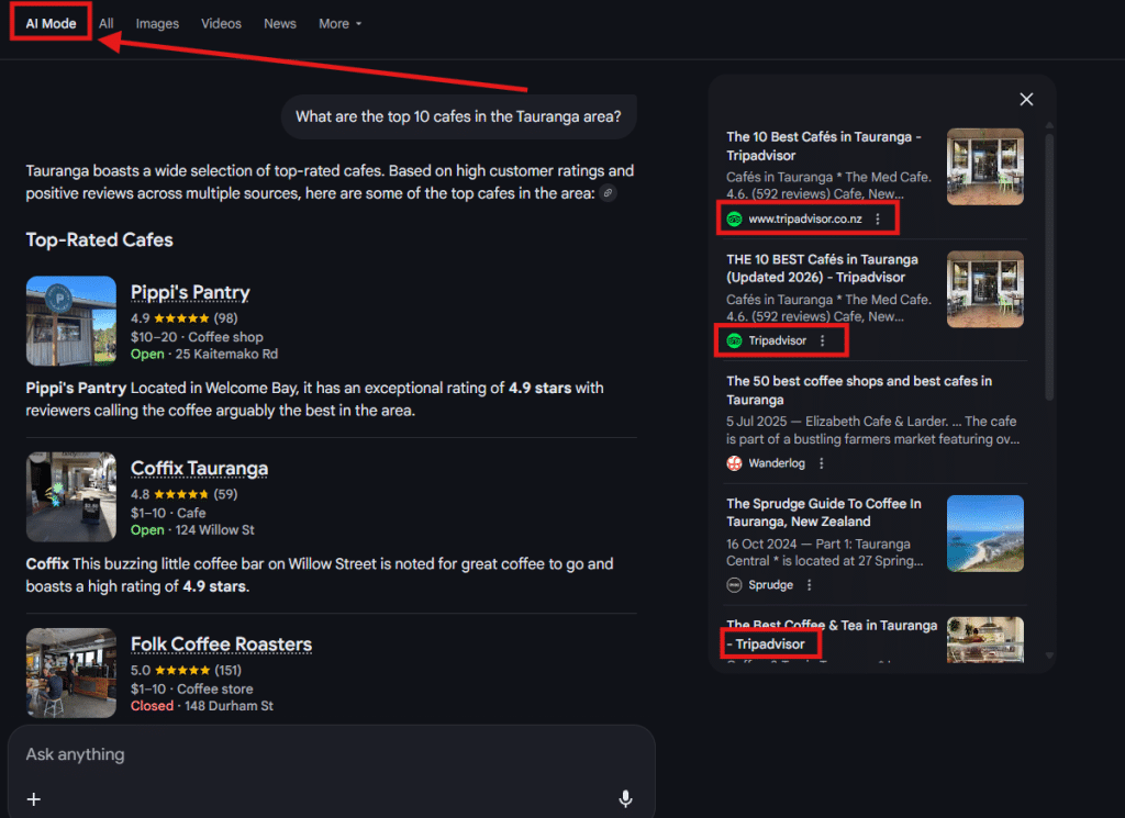Screenshot of cafes returned when searching in Google’s AI mode for top cafes.