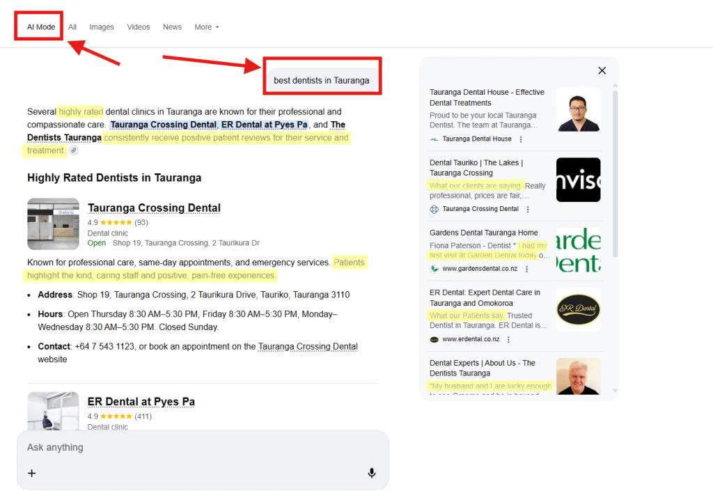 Screenshot of dental clinics returned when searching in Google’s AI mode for ‘best dentists tauranga’.