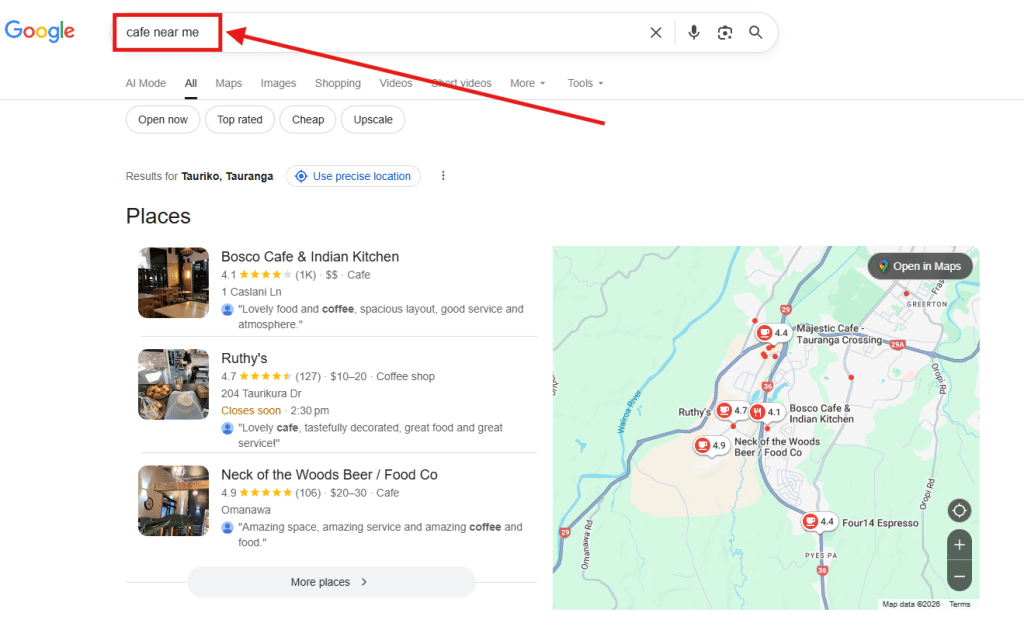 Screenshot of map and cafes that are returned when a user searches ‘cafe near me’.