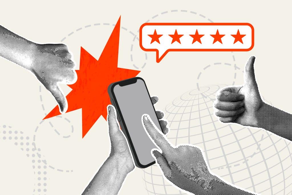 A collage of thumbs pointing up and down and a finger pointing at a mobile screen to indicate customer reviews.