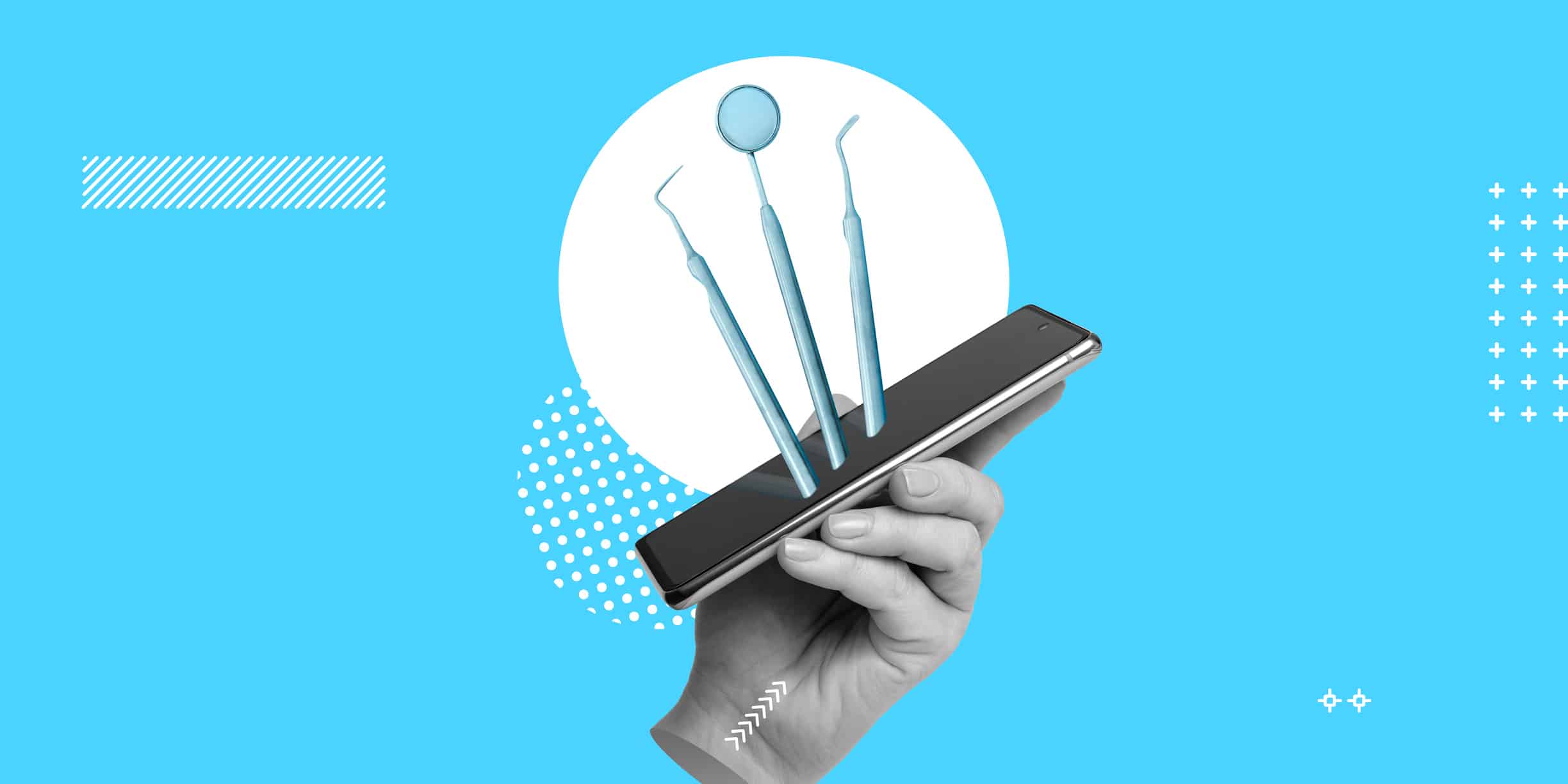 A hand holds a mobile phone with dental instruments protruding from the screen.