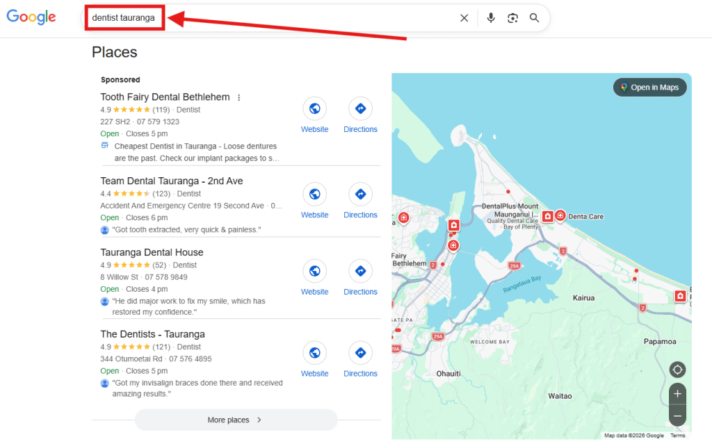 Screenshot of map and dental clinics that are returned when a user searches ‘dentist tauranga’.