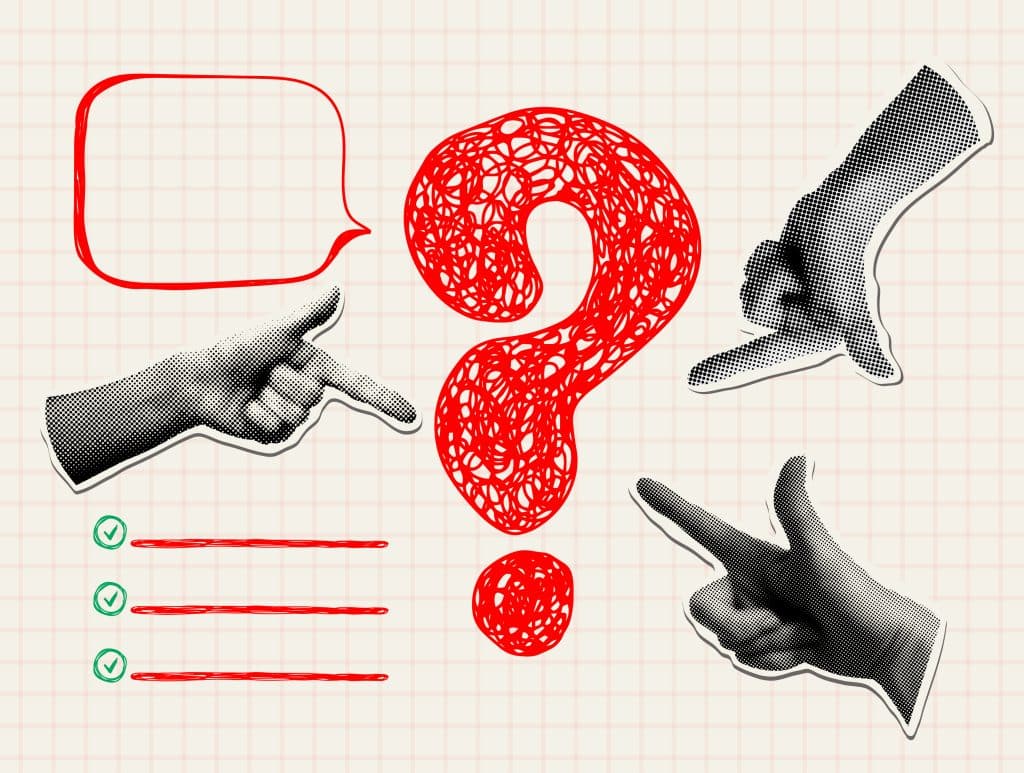 Collage of hands pointing to a question mark with a speech bubble and checklist.
