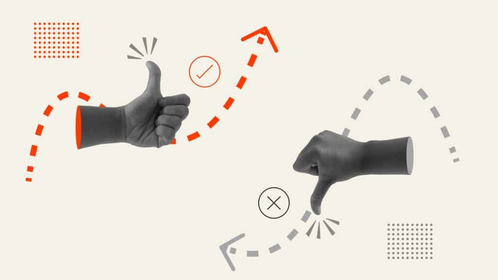 Two thumbs, one pointing up and the other down, indicating positive and negative search performance.