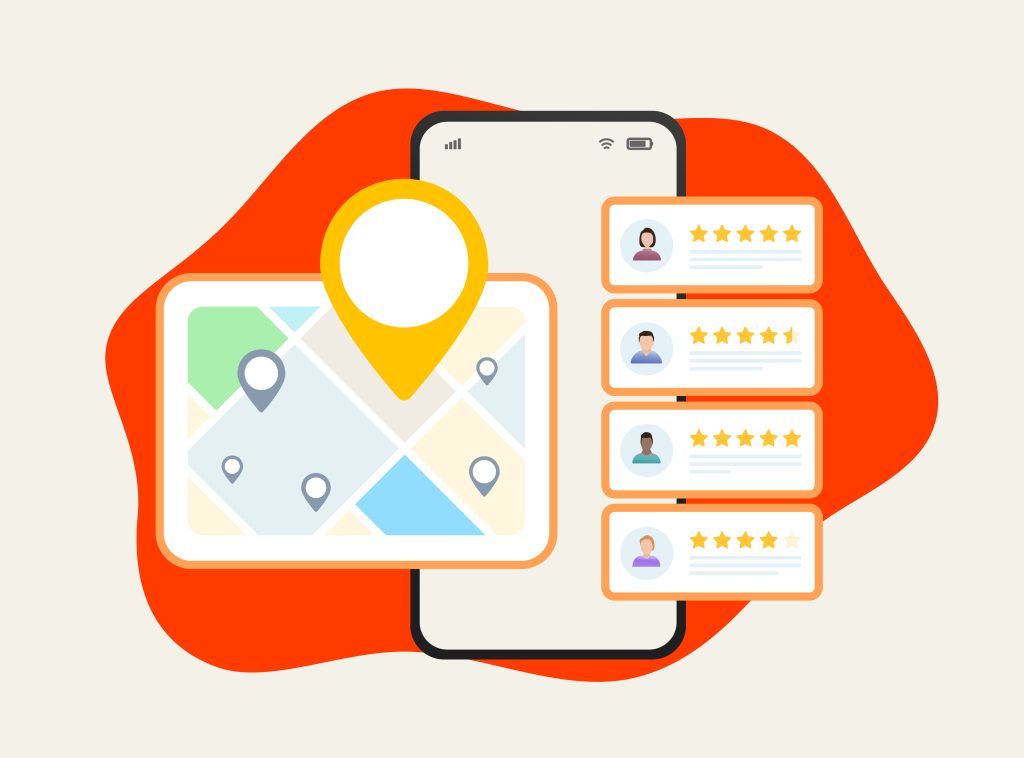 Line drawing of a mobile phone with map location and 5-star customer reviews.