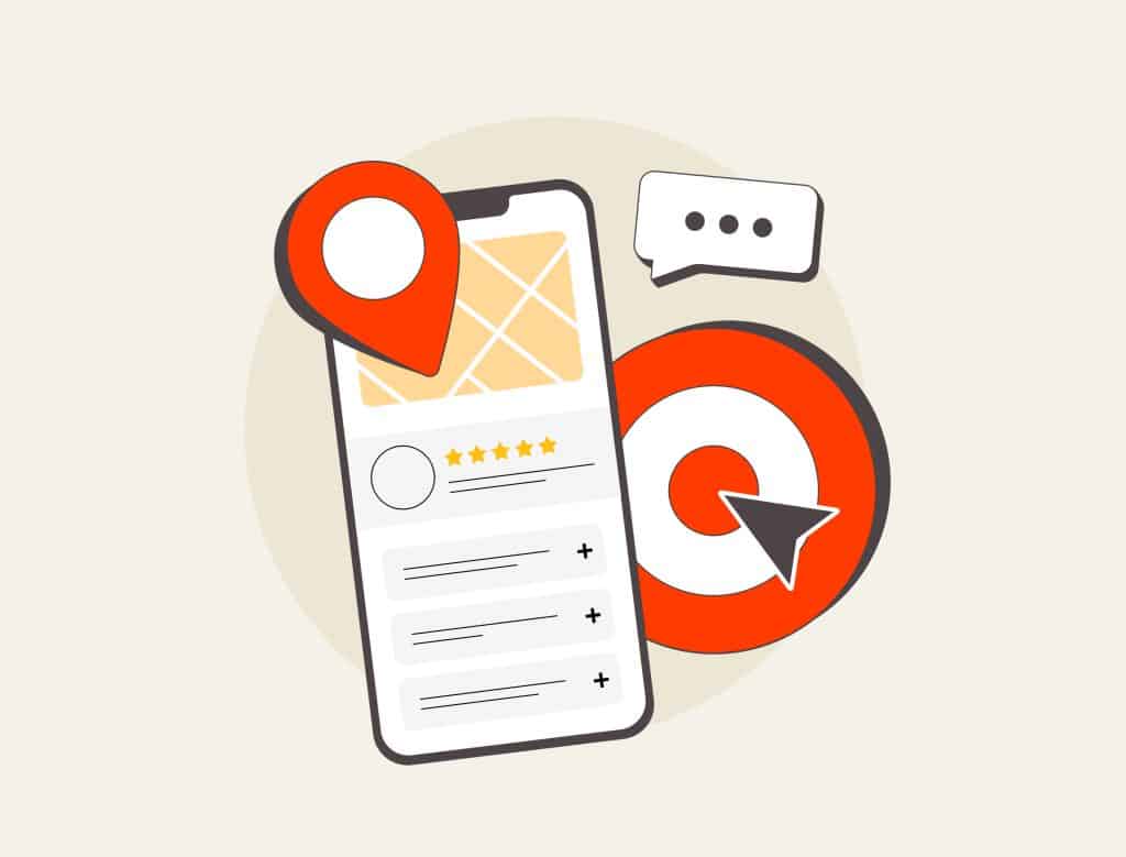 Line drawing of a mobile phone with a map result in local search and a bullseye next to the phone.