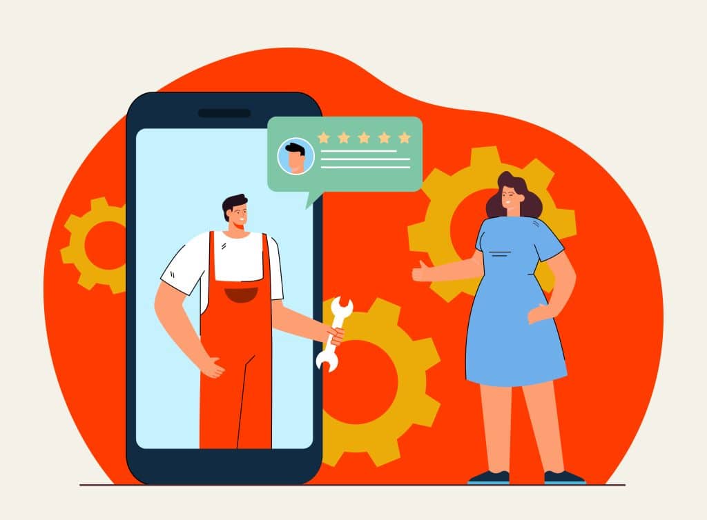 Line drawing of a plumber in a mobile phone reaching out to a woman.