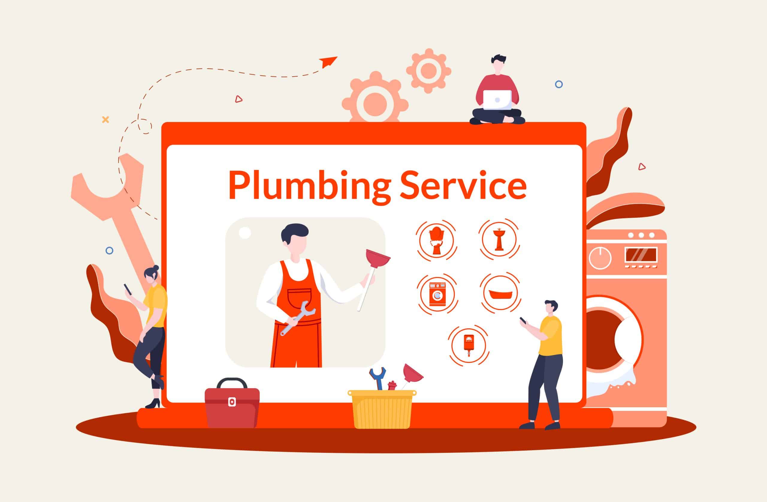 Line drawing of a plumber on a screen with people around the screen on mobiles looking at the website.