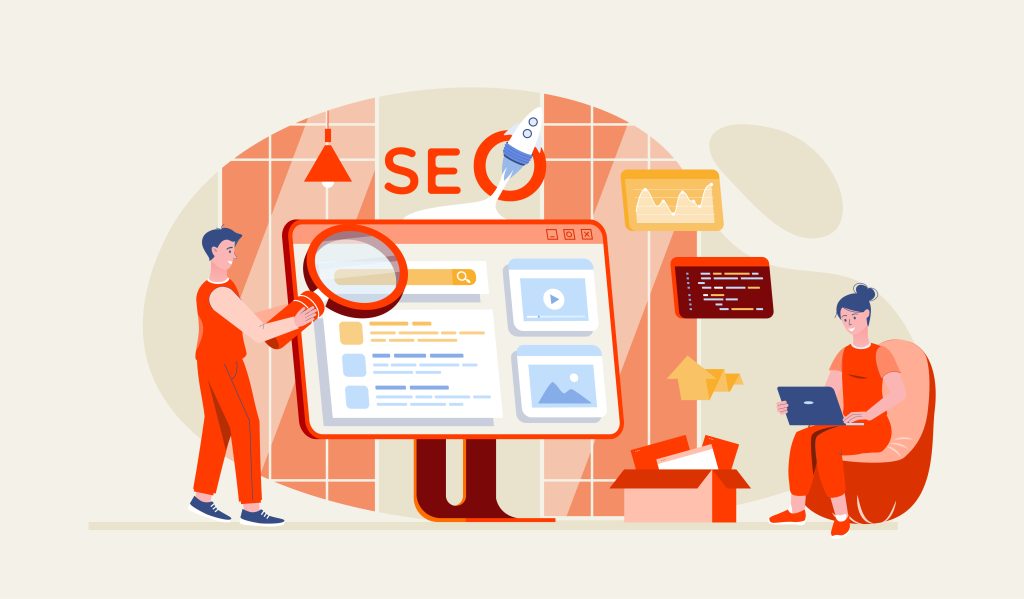 Line drawing of a man holding a magnifying glass over a website indicating a close inspection while a woman reviews a laptop.